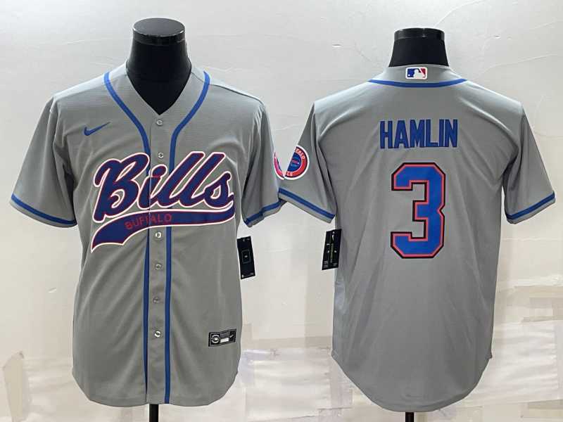 Mens Buffalo Bills #3 Damar Hamlin Grey With Patch Cool Base Stitched Baseball Jersey->buffalo bills->NFL Jersey